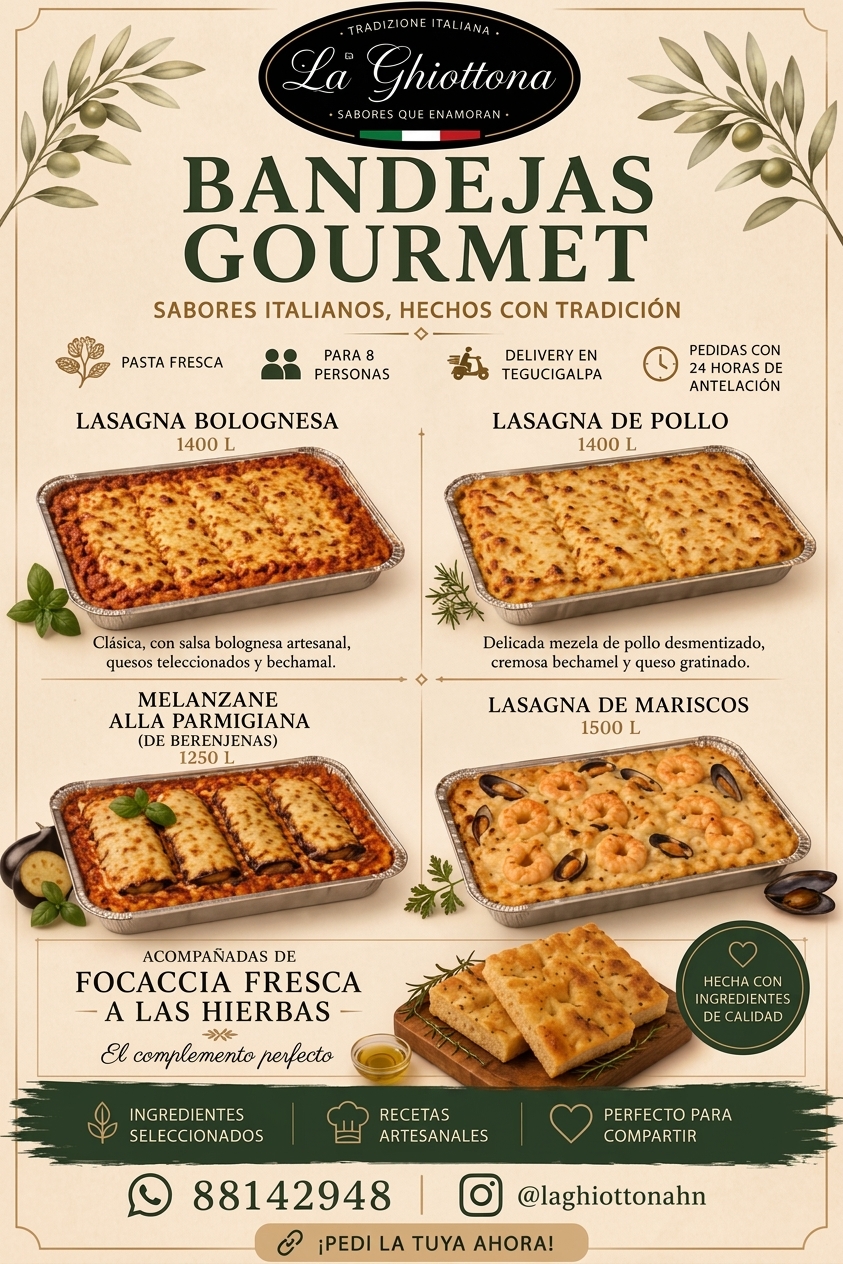 Carta de bandejas gourmet de La Ghiottona: lasagna bolognesa, lasagna de pollo, melanzane alla parmigiana, lasagna de mariscos y focaccia fresca a las hierbas, con precios