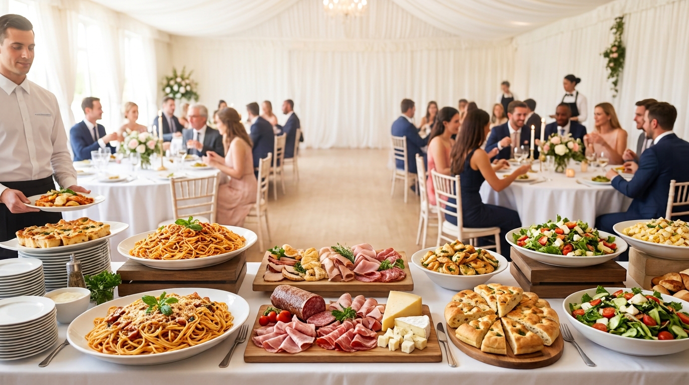 Mesa de buffet con pastas, tabla de fiambres, focaccia y ensaladas en un evento con catering de La Ghiottona