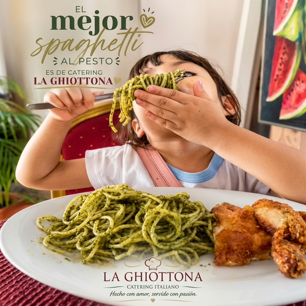 Plato de spaghetti al pesto de La Ghiottona servido en mesa